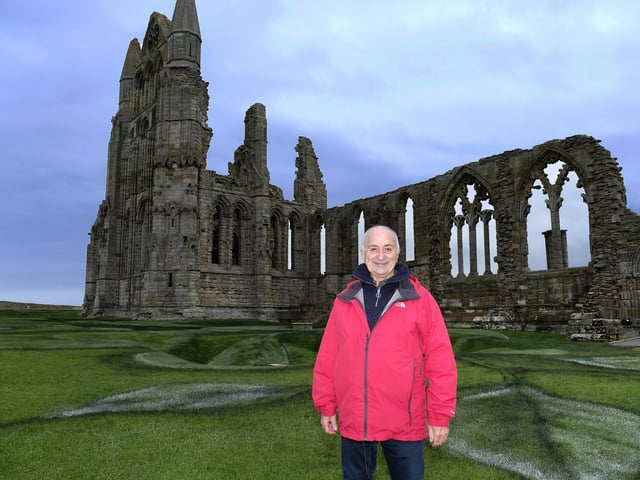 Sir Tony Robinson unveiled the artwork at Whitby Abbey.