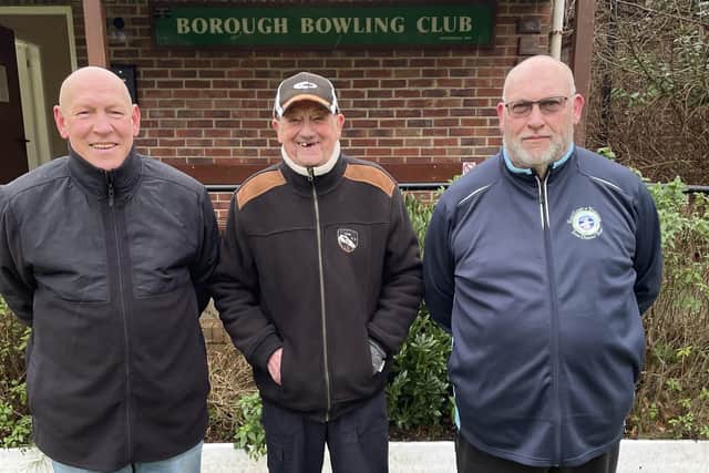From left, runner-up Andy Webb, Borough BC president Peter Hodgson and winter merit winner Kevin Gates.
