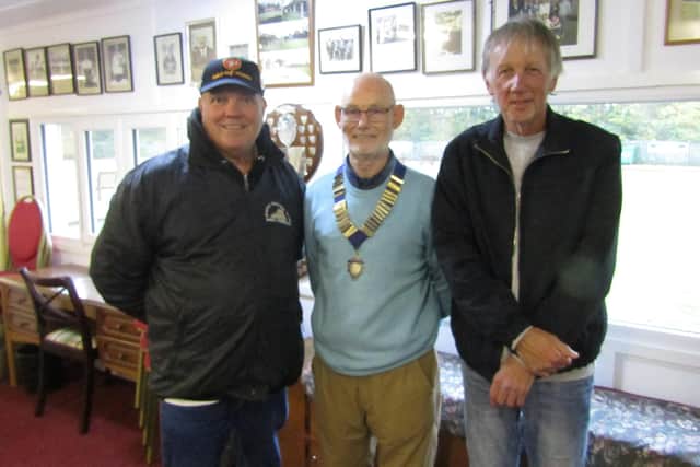 From left, T&B runner-up Emmo Emmerson, East Yorkshire Coast Crown Green Bowling Association president Ed McCormack and winner Geoff Price.