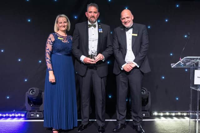 Celebration of Achievement 2024 Patient Choice winner. Pictured L-R: Dawn Parkes, Chief Nurse with Richard Atkinson and Simon Morritt, Chief Executive of the Trust