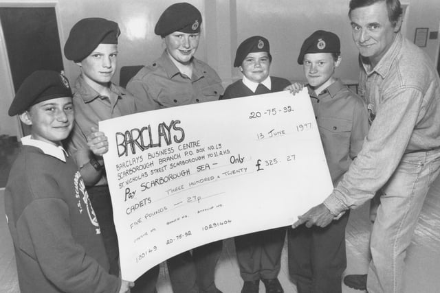 A sponsored walk raised a total of £325.27 for the Scarborough Sea Cadets in June 1997. Pictured with the cheque are those who took part in the walk, from left, Louise Kadis, Andrew Corrie, Marie Shannon, Michael Shaffer, Andrea Sheader, Keith Corrie. 