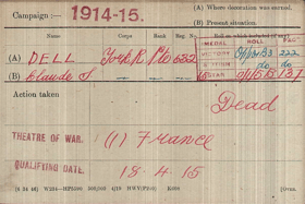 Medal index card for LCpl Claude Stanley Dell (Courtesy of The Green Howards Museum, Richmond).
