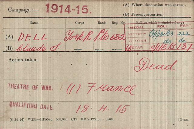 Medal index card for LCpl Claude Stanley Dell (Courtesy of The Green Howards Museum, Richmond).