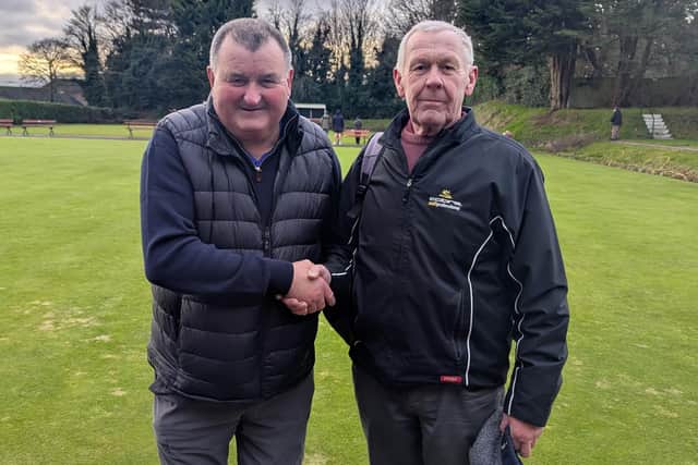 Geoff Watson, left, defeated Geoff Oldham in the merit final at Westgate on Sunday.