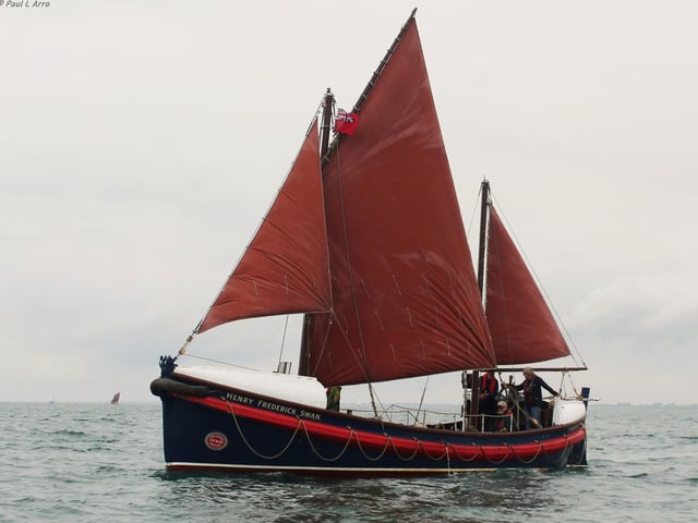 Ex Tynemouth Lifeboat Henry Frederick Swan (ON 646) under full sail in Bridlington Bay.