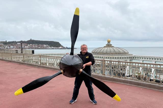 The artistic director of Animated Objects, Lee Threadgold, with the nose of the replica Mk1 Spitfire model which will take centre stage at Scarborough’s Armed Forces Day.