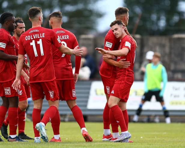 Dom Tear is congratulated by his teammates after putting Boro ahead against Sheffield Wednesday U21s. Photo by Zach Forster