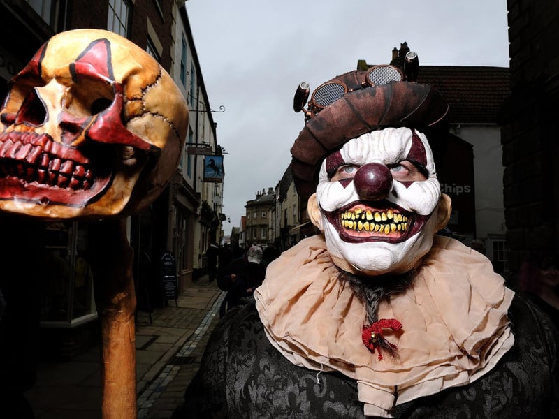 Scary Clowns walk the streets in Whitby for the Goth Weekend.