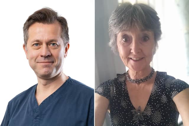 From left: James Ball, ophthalmic surgeon at Optegra Bowcliffe Hall; Helen Spence is free of glasses for the first time in 25 years.
