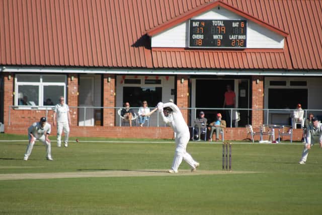 Nathan Saltmer hits his first boundary on his way to Pocklington CC's top score. Photo by Phil Gilbank