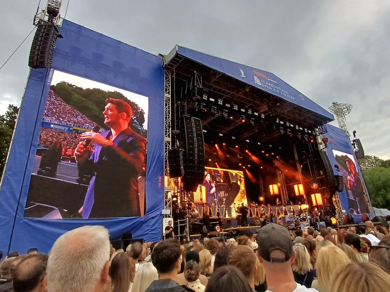 Michael Buble chats to the crowd, as seen here on the big screen. photo: Emma Atkins
