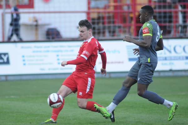 Matty Dixon on the ball for Bridlington Town in the goalless draw at home to Grantham Town PHOTOS BY DOM TAYLOR