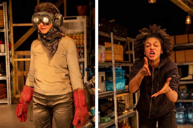 On the left is 'Chopin' in mismatched protective gear- reminiscent of early lockdown days, and on the right is Charmaine, expressing her frustration at being inside the bunker. Credit: Ro Murphy
