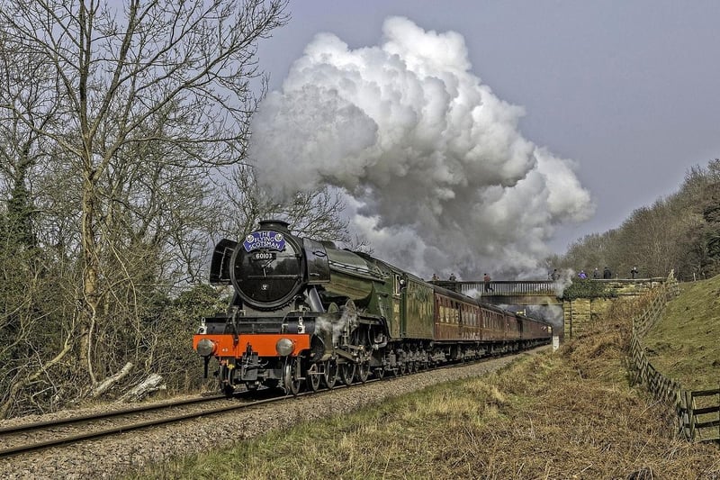 The 60103 Flying Scotsman travels between Grosmont and Goathland in March 2016.