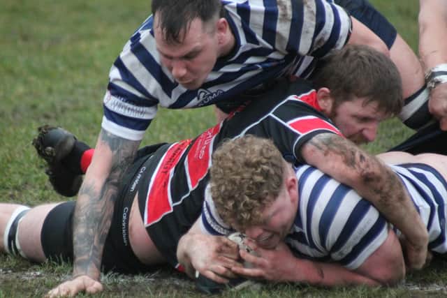 Will Husband plunges over to open the scoring for Pocklington RUFC in the win against Hullensians on Saturday. Photo Phil Gilbank.