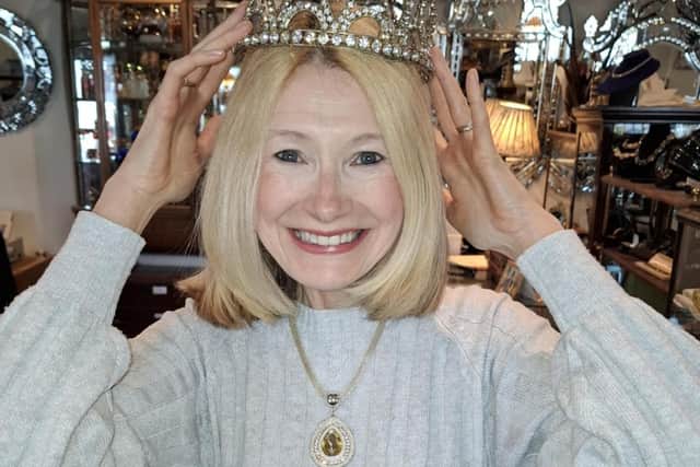 Sally-Ann tries on the crown used for numerous pageants in the 70s and 80s including Miss Scarborough and Miss Scarborough Evening News.