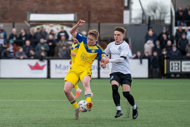 Harry Green on the ball at Marine. Photo by Peter North