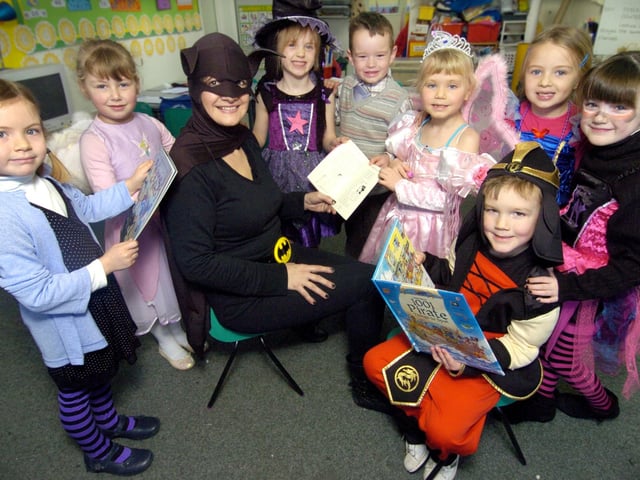 World Book Day at Seamer and Irton School 2009 - teacher Liz Turner (3rd left) with pupils (from left) Megan O'Neill, Milly Gibson, Ellie Dudley, Christian Boyes, Naomi Swithenbank, Nicholas Plant, Katie Close, and Josephine Kerr.