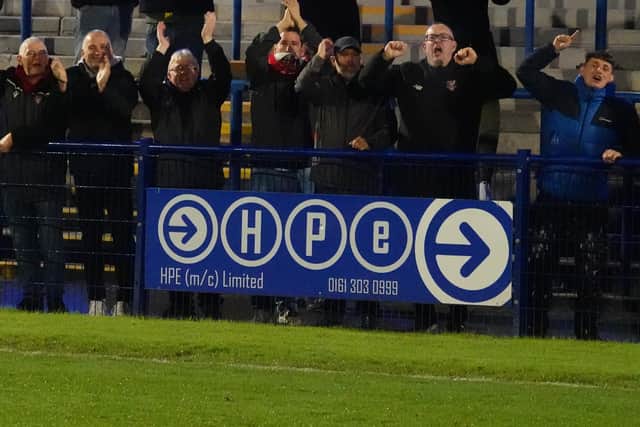 The travelling Seadogs fans cheer their team on after their win at Curzon Ashton. PHOTO BY CHRIS MARSON