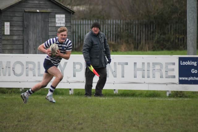Flynn Sangwin sprints in for the first of his two tries at West Leeds. Photo by Phil Gilbank