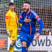 Brad Fewster celebrates his leveller for Whitby Town against Nantwich Town last weekend PHOTO BY BRUAN MURFIELD