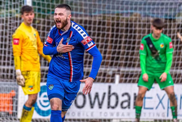 Brad Fewster celebrates his leveller for Whitby Town against Nantwich Town last weekend PHOTO BY BRUAN MURFIELD