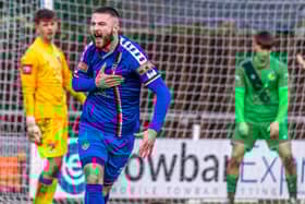 Brad Fewster celebrates his leveller for Whitby Town against Nantwich Town last weekend PHOTO BY BRUAN MURFIELD