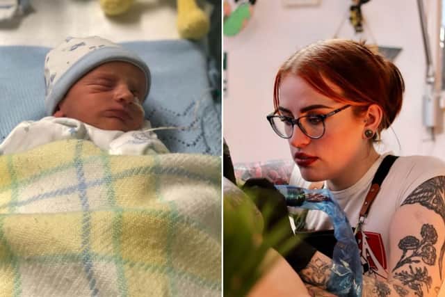Meg Braithwaite, tattoo artist, and her son. Photo credit: Meg Braithwaite (left) and @westylerartist (right)