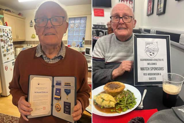 Scarborough man Reg Widdowson, pictured with his Ambassador for Peace medal from the Korean Government, left; and sponsoring a Scarborough Athletic football match.