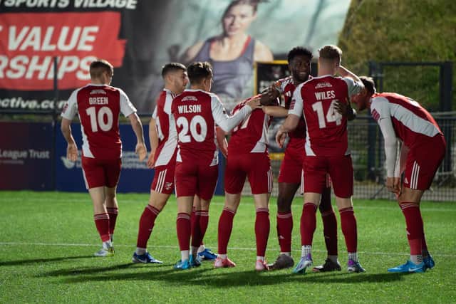 Scarborough Athletic players celebrate Dom tear's goal in the win against Dunston in the FA Cup. PHOTOS BY WANDERING PHOTOGRAPHY