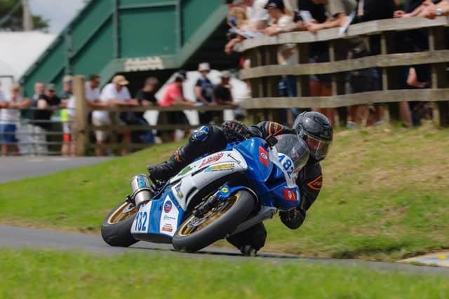 Newby's Paul Moir on his way to one of his three race wins at the Cock O' The North meeting at Oliver's Mount. Photo by Mark Huckerby