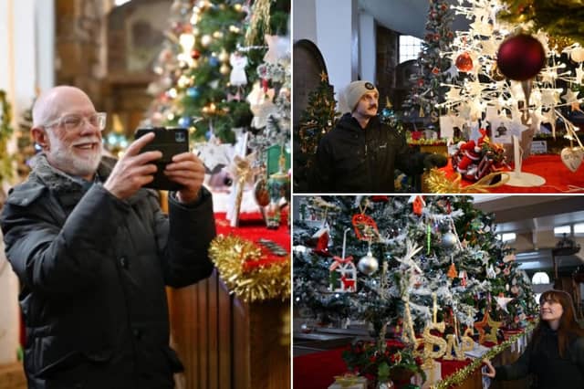 Christmas trees on display at Whitby's St Mary's Church.