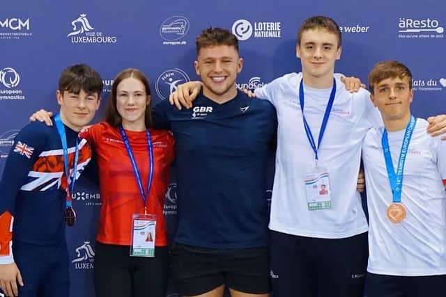 From left, The Scarborough Gymnastics Academy stars who represented GB at the European TeamGymn Championships, Rory Sadler, Emily Hunt, Joseph Fishburn, Brodie Aziz and Jacob Bland. Sadler and Bland won bronze medals.