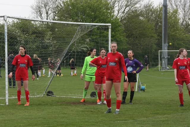 Scarborough Ladies U18s defending a Bishopthorpe corner. PHOTO BY MATTY MASON