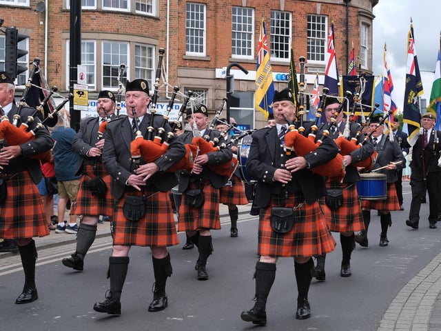 Marching through town.