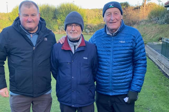 From left, North Cliff Over-60s Merit runner-up Geoff Watson, Crown Green Bowling Association President Ed McCormack and winner Phil Todd.