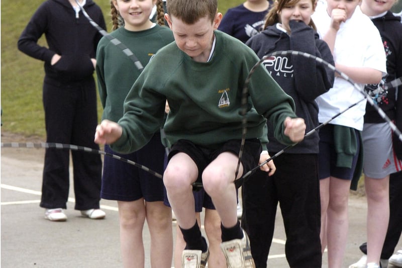 Jumping for joy! Youngsters take part in a skipping workshop at Airy Hill Primary School.