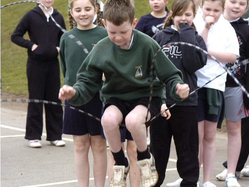 Jumping for joy! Youngsters take part in a skipping workshop at Airy Hill Primary School.