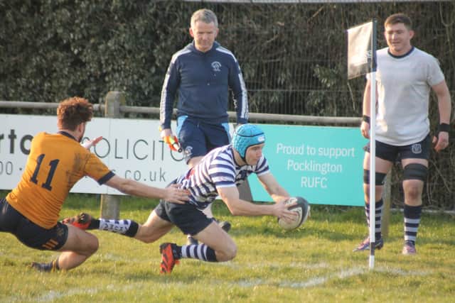 Replacement wing Sam May dives over for Pocklington RUFC’s third try with his first touch of the ball. Photo by Phil Gilbank