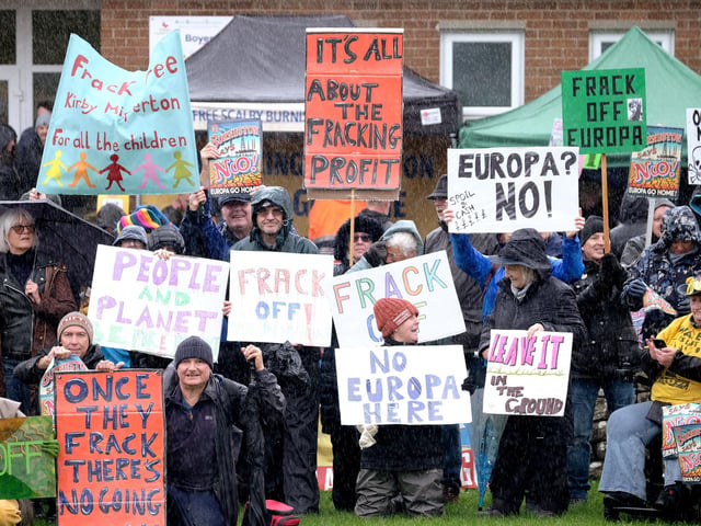 Anti fracking protesters at Burniston and Cloughton Village Hall