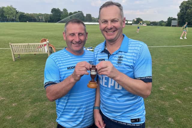 England O50s star Luke Jarvis, right, celebrates helping the hosts retain the Ashes earlier this summer.