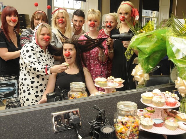 Staff at VIPs hair salon in Whitby raising money for Comic Relief picture: Ceri Oakes, w131104f