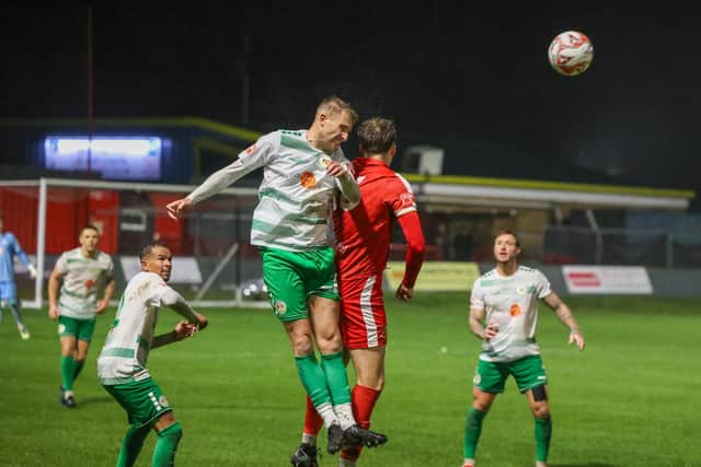 An aerial duel from Brid's 1-0 home loss to Bradford (Park Avenue). Photo by ECmedia