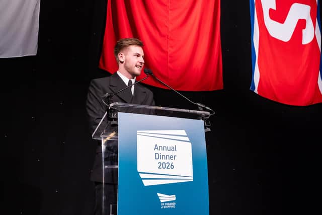 Alfie Allen speaking at the awards dinner