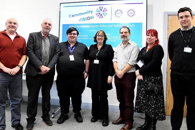 Left to right: Alan Brown - Community and Crime Reduction Resilience Officer for East Riding of Yorkshire Council; John Harding – Managing Director at Great Yorkshire Radio; Devan Witter - BOOST Training & Fraud Watch Project coordinator from Community VISION; Maureen Yates – Community and Crime Reduction Resilience Officer for East Riding of Yorkshire Council; Darren Spires – Director of Creative Projects Ltd; Sarah Regan – Residential Manager of Hull and East Yorkshire Centre for the Deaf; Matthew Temperton – Community Safety Partnership Manager for East Riding of Yorkshire Council.