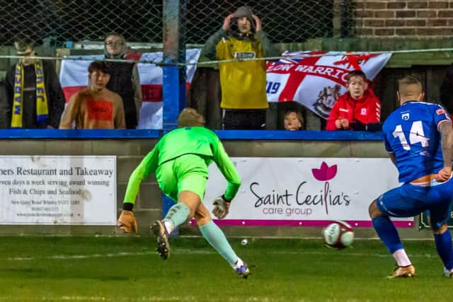 Super-sub Shaun Tuton nets on his debut to send Whitby Town to a crucial 2-1 home win against lowly Marske PHOTOS BY BRIAN MURFIELD