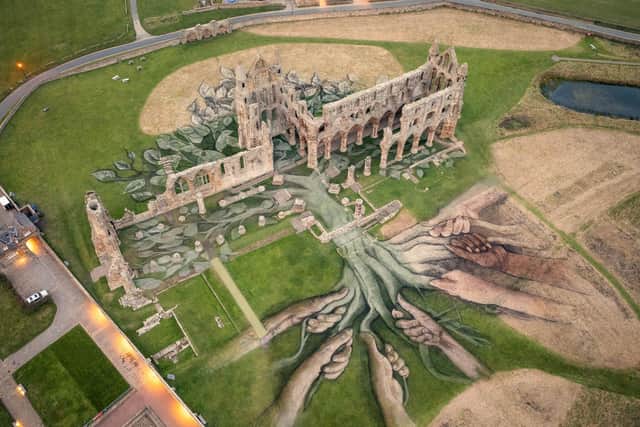 Aerial view of a 5,400 square metre land-art installation created by artist David Popa at English Heritage’s Whitby Abbey.