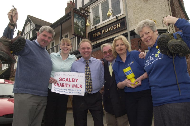 All set for the Scalby Walk are (left to right) Alan Bruce, Plough barmaid Claire Cammish, Plough landlord Mel Carter, Dr Berwyn Plant,  Marie Curie fundraisers Nena Shippey and  Mary Stables.