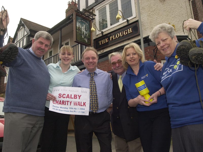 All set for the Scalby Walk are (left to right) Alan Bruce, Plough barmaid Claire Cammish, Plough landlord Mel Carter, Dr Berwyn Plant,  Marie Curie fundraisers Nena Shippey and  Mary Stables.