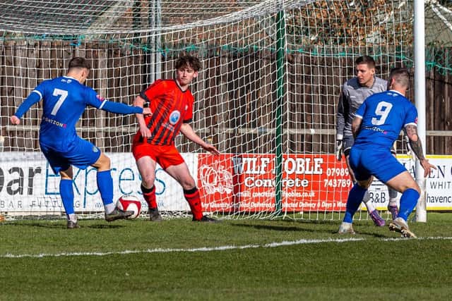 Mitchell Curry score the only goal as Whitby Town earned a crucial 1-0 home win against Basford United on Saturday. Photo by Brian Murfield